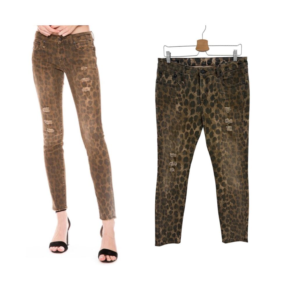 R13 Kate Skinny Jeans Distressed Leopard Print Japanese Denim Size 27